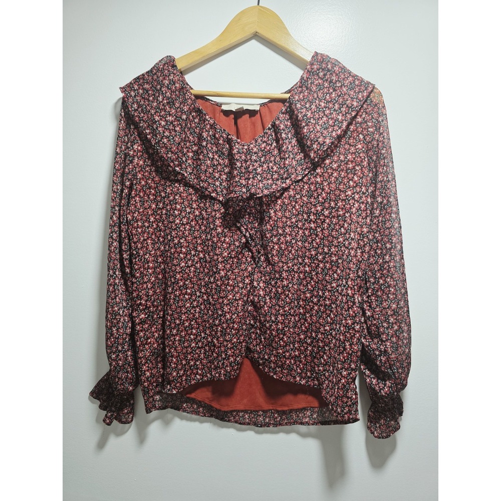 Loft Women's Blouse Ruffle Neckline Multicolor Floral Long Sleeve Blouse Size S